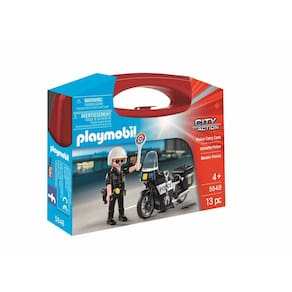 Estojo de transporte policial Toy Playmobil com boneco, motocicleta e acessórios