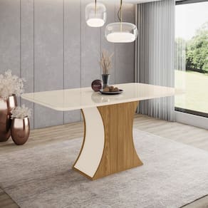 Mesa de Jantar 6 Lugares com Vidro e Bordas Boleadas - Luiza - Nature / Off White
