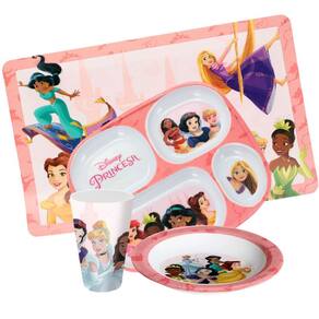 Jogo Refeição Infantil Princesas Disney 4 Peças Prato Divisória, Prato Fundo e Copo Melamina - Tuut