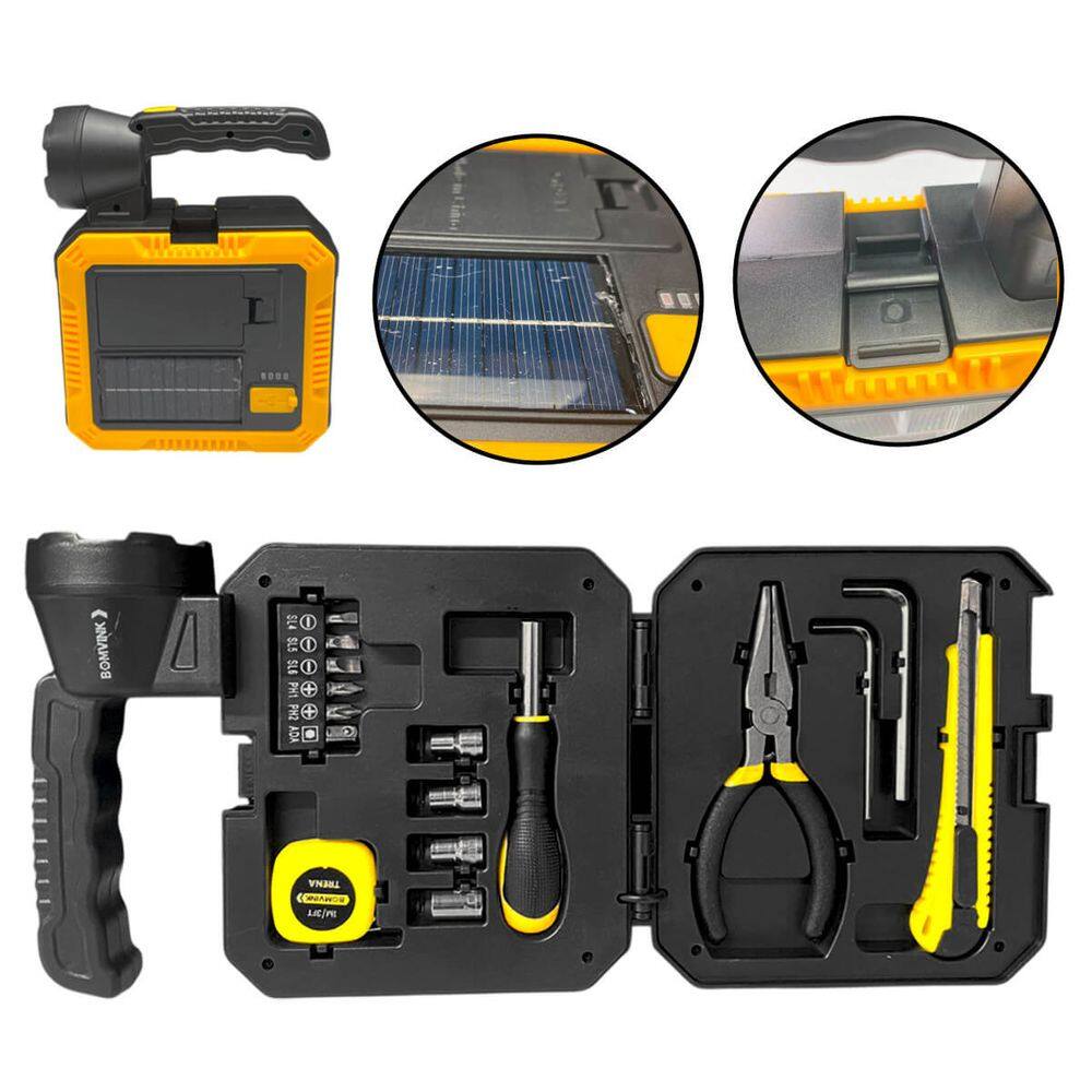 Lanterna de Mão Recarregável Solar e USB, Kit Ferramentas Embutido, Iluminação Potente 300m, Emergência, Camping e Trilhas