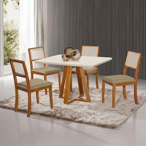 Conjunto Sala de Jantar Mesa Pérola Madeira Maciça Tampo em Vidro OffWhite com 4 Cadeiras Tecido Veludo Bege