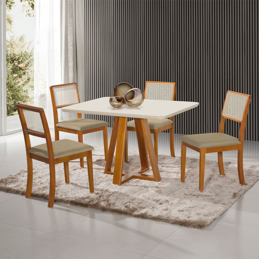 Conjunto Mesa 4 Cadeira Tampo 120x90 Vidro Pés Madeira Bege
