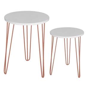 Kit 2 Mesas Redondas Tampo Mdf Branco Pés Ferro Metal Rosê