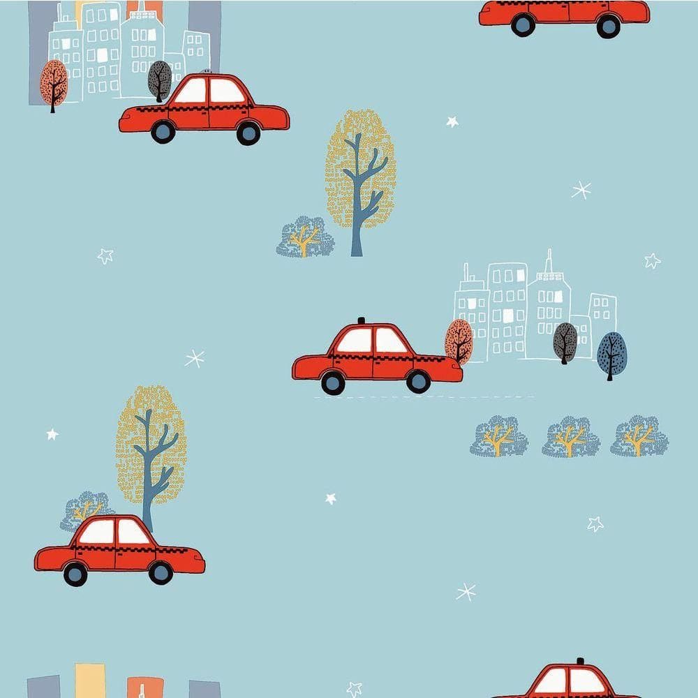 Papel De Parede Fofura Baby Carrinhos Fundo Azul Ff4009