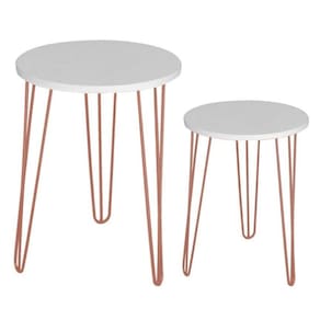 Kit 2 Mesas Redondas Tampo Mdf Branco Pés Ferro Metal Rosê