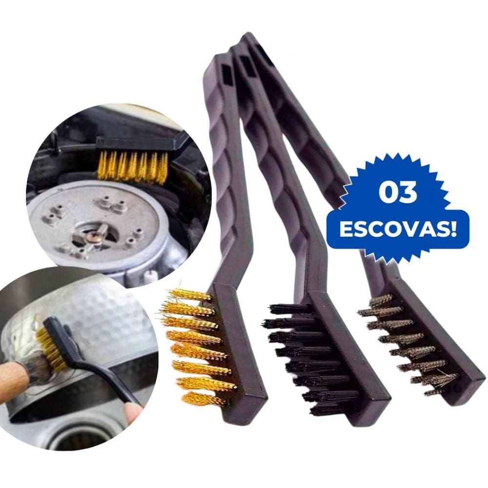 Kit 3 Peças Super Escovas Para Limpeza Multiuso em Aço Carbono Latão e Nylon com Cabo Plástico
