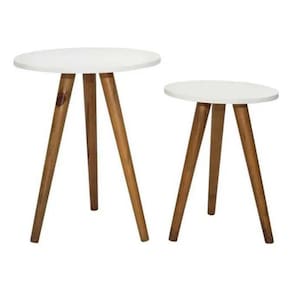 Kit Mesa Lateral Redonda Tampo Mdf Branco Pé Palito Madeira