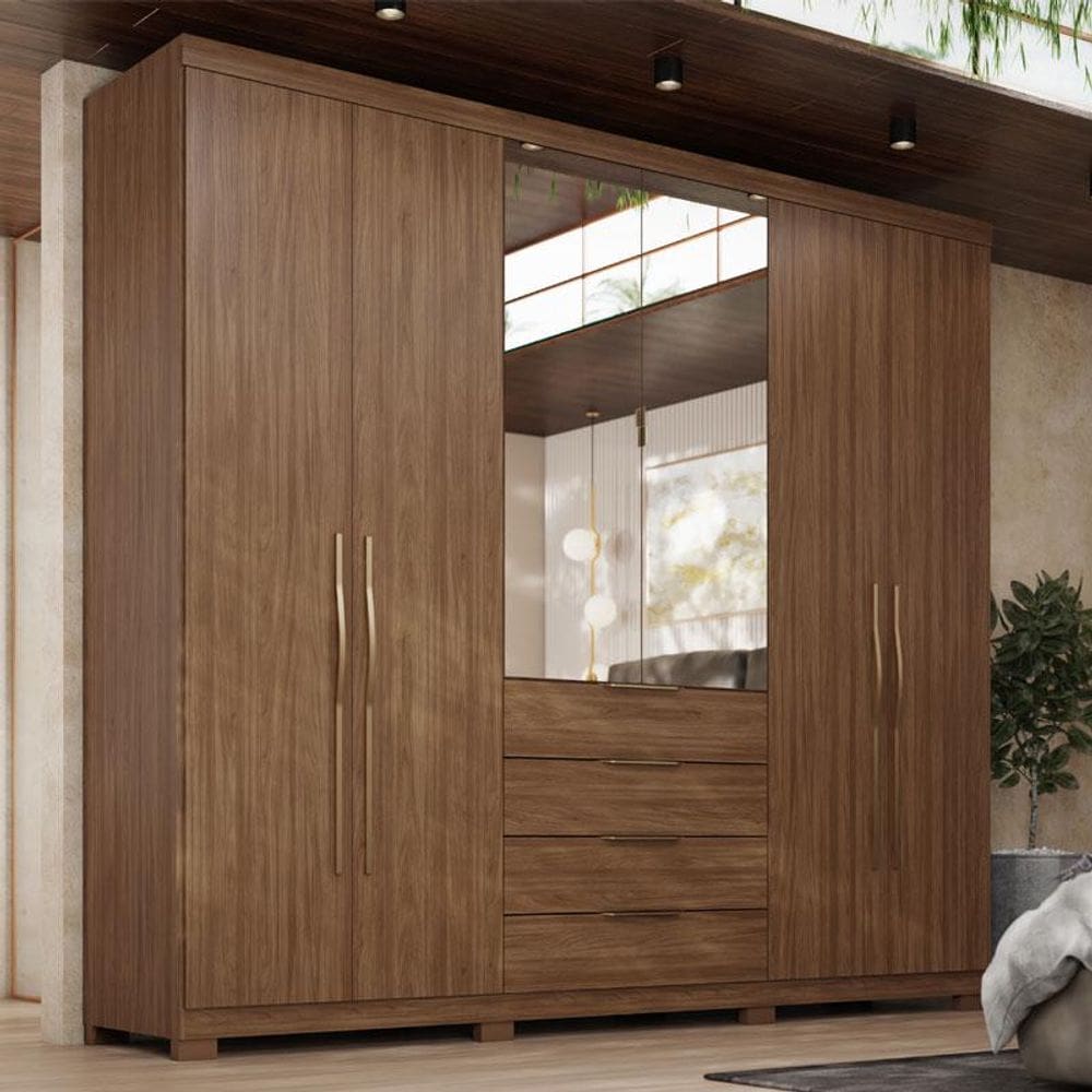 Guarda Roupa Casal Ambiente Giardino 6 Portas Nogueira Touch com Espelho e Pés - Demóbile