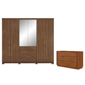 Cômoda e Guarda Roupa Casal Giardino 6 Gavetas Nogueira Touch com Espelho e Pés - Demóbile