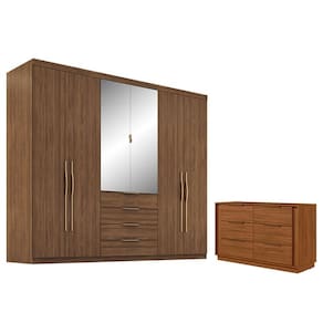 Cômoda e Guarda Roupa Casal Giardino 6 Gavetas Nogueira Touch com Espelho - Demóbile