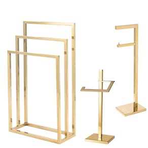 Kit de Acessorios para Banheiro com 3 Peças em Aço Inox Dourado Brilhante Linha Larissa com Toalheiro de Piso Triplo