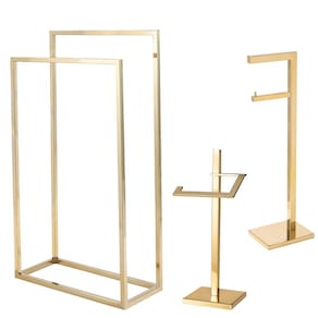 Kit de Acessorios para Banheiro com 3 Peças em Aço Inox Dourado Brilhante Linha Larissa com Toalheiro de Piso