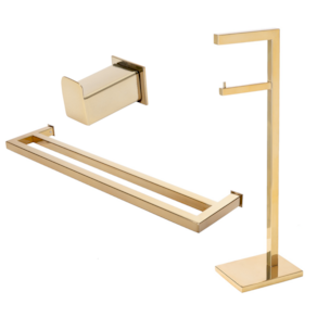 Kit de Acessórios Para Banheiro com 3 Peças em Aço Inox Dourado Linha Larissa com toalheiro Duplo Stainless