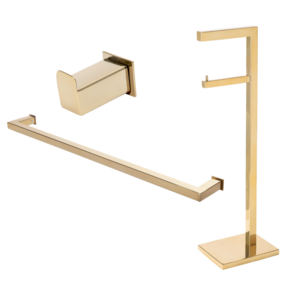 Kit de Acessórios Para Banheiro com 3 Peças em Aço Inox Dourado Linha Larissa com toalheiro Simples Stainless