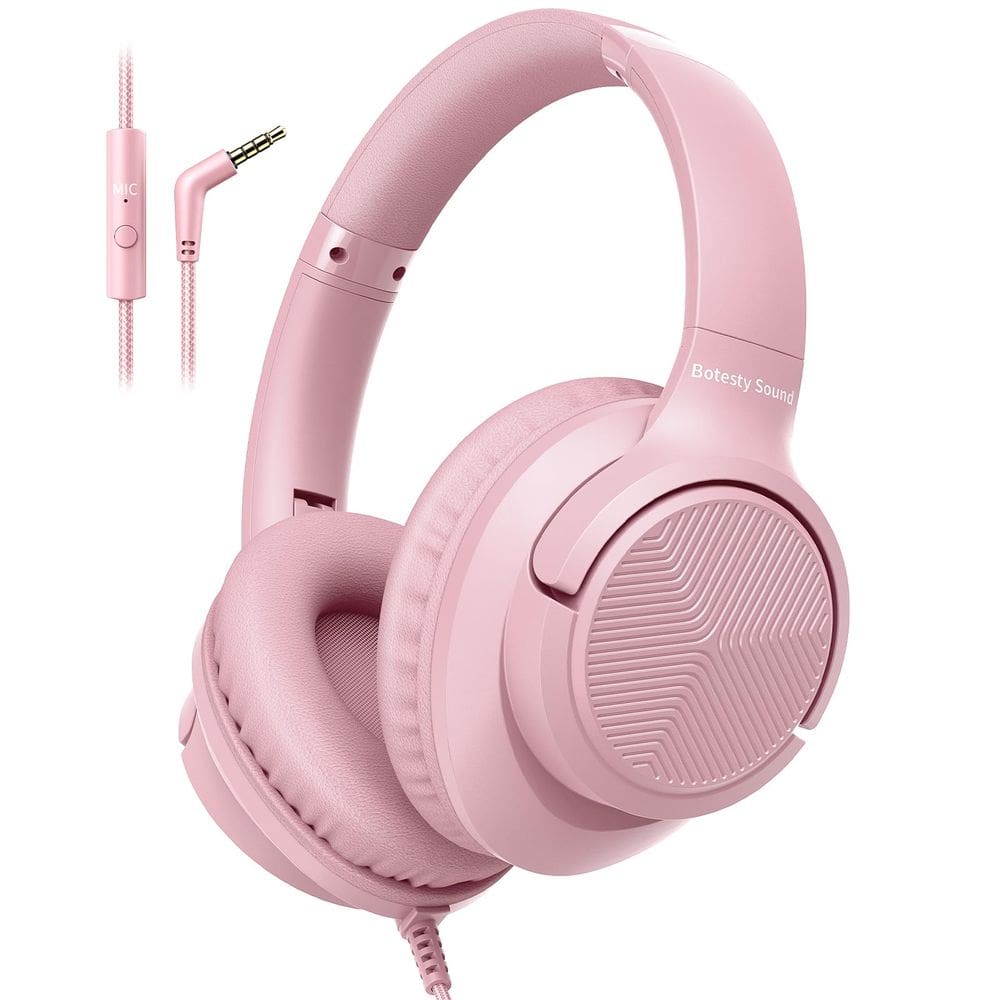 Fones de ouvido com fio Botesty Sound com microfone sobre a orelha rosa