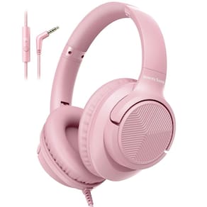 Fones de ouvido com fio Botesty Sound com microfone sobre a orelha rosa