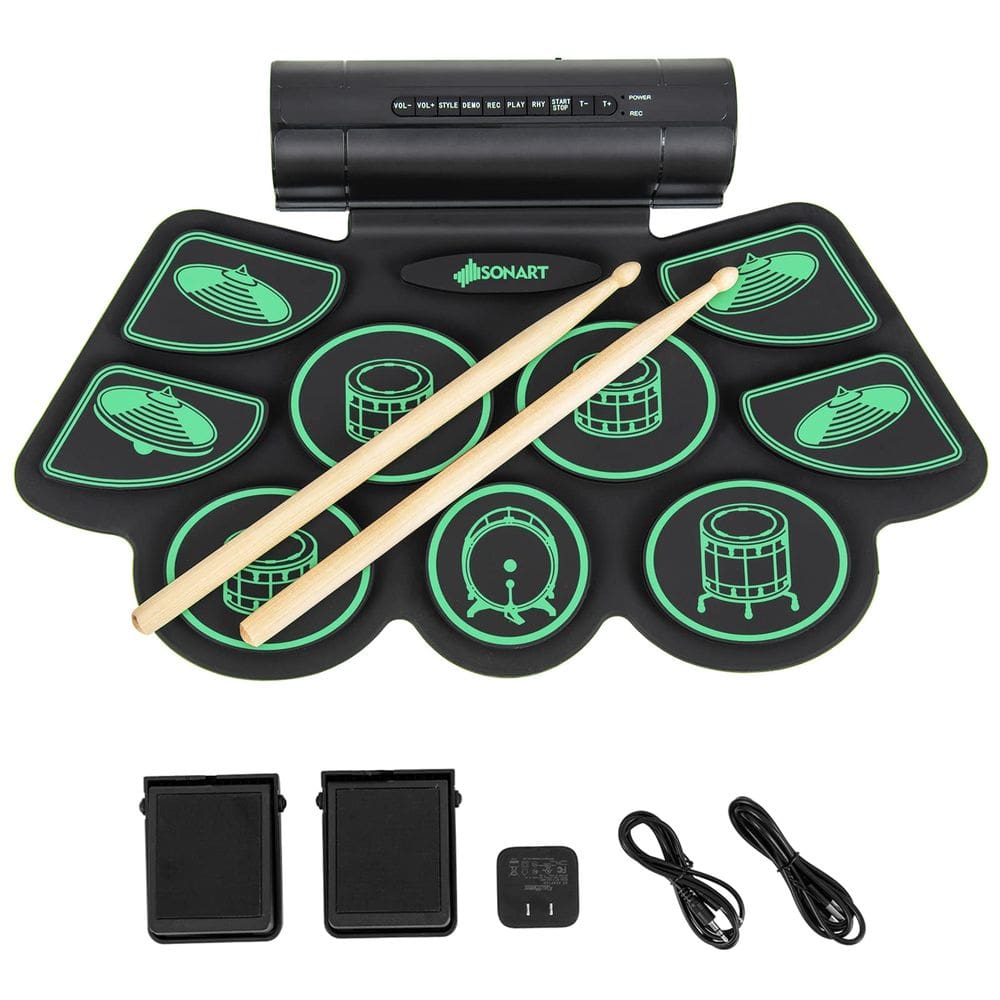 Conjunto de bateria eletrônica MEDIMALL 9-Pad Roll-Up com alto-falantes verdes