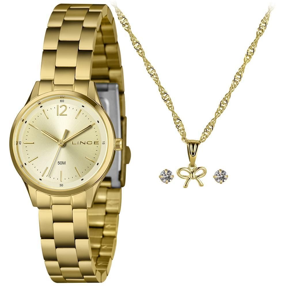 Kit Relógio Lince Feminino Colar E Brincos