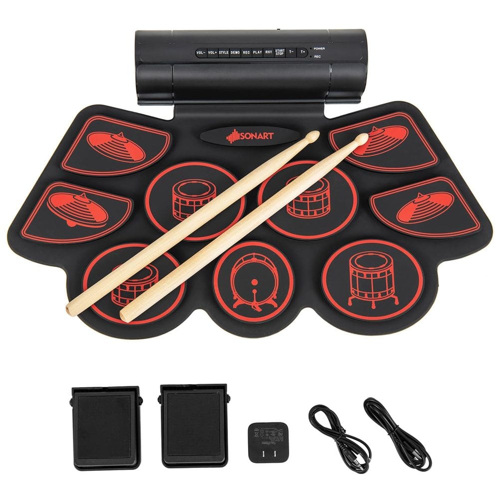 Conjunto de bateria eletrônica MEDIMALL 9-Pad Roll-Up com alto-falantes vermelhos