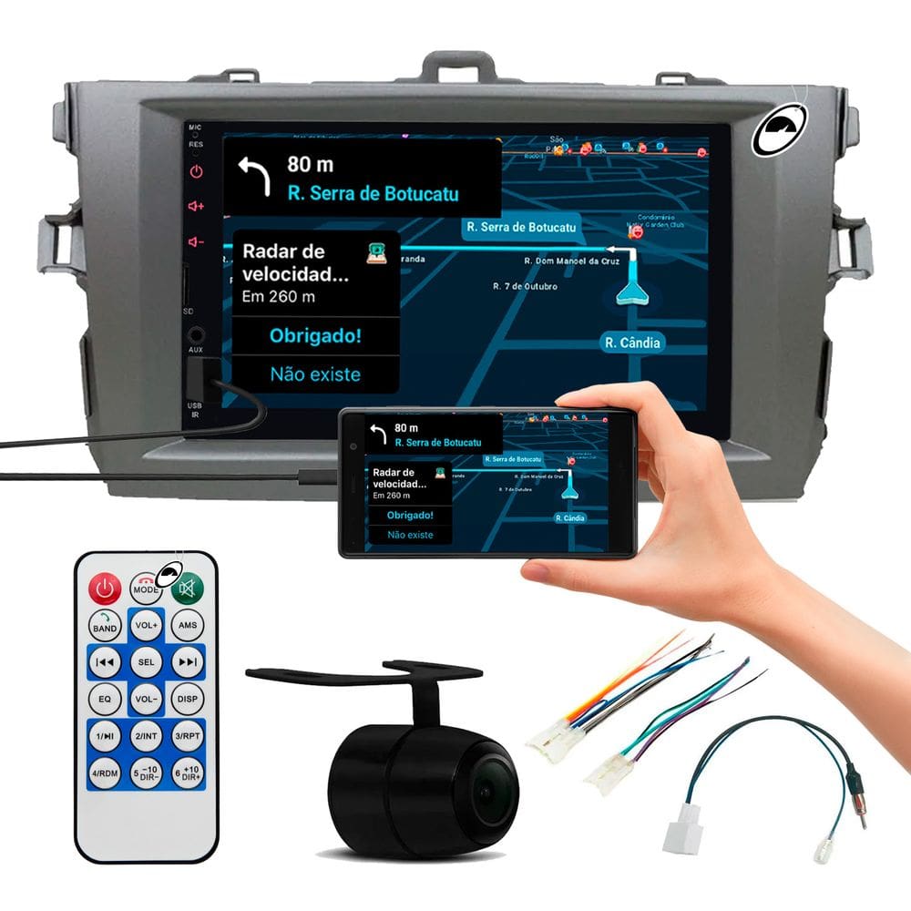 Multimídia Toyota Corolla 2009 a 2013 Espelhamento Bluetooth USB SD Card + Moldura + Chicotes + Câmera Ré