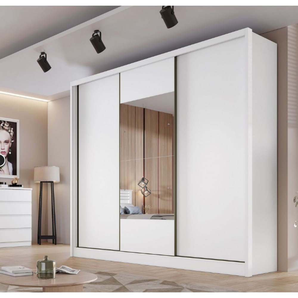 Guarda Roupa Casal 3 Portas 8 Gavetas Com Espelho  Arezzo - Móveis Novo Horizonte - Branco