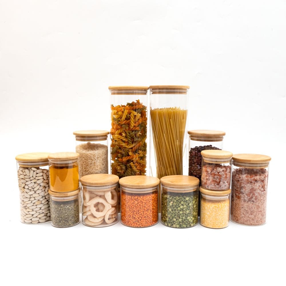 kit com 13 potes de vidro tampa de bambu herméticos redondos mantimento - Oikos
