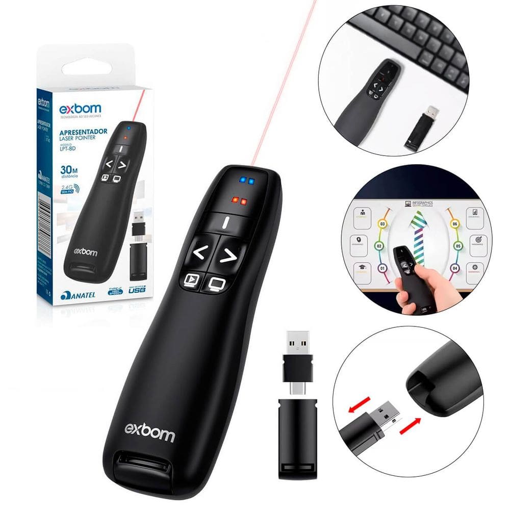 Controle Apresentador Sem Fio 2.4G com Ponteiro Luminoso e Alcance de 30m – Compatível com Diversos Sistemas