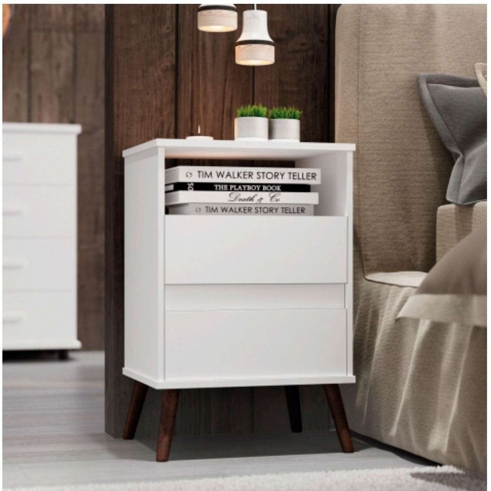 Mesa para Cabeceira com 2 Gaveta e 4 Pés Retrô Paris 67cm X 45cm Branco