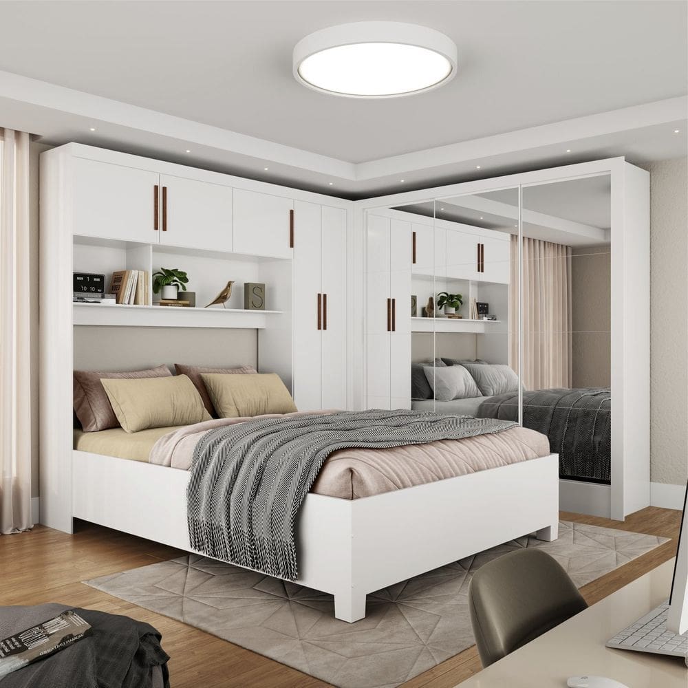 Guarda-roupa Casal Modulado 5 Portas com Cama Santiago 3 Portas Premium 5 Gaveta com Espelho Branco