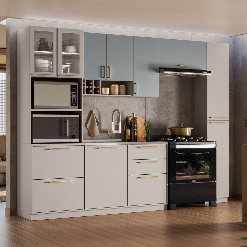 Cozinha Modulada 5 Peças com Paneleiro Duplo Forno Essence 100% Mdf  Cinza