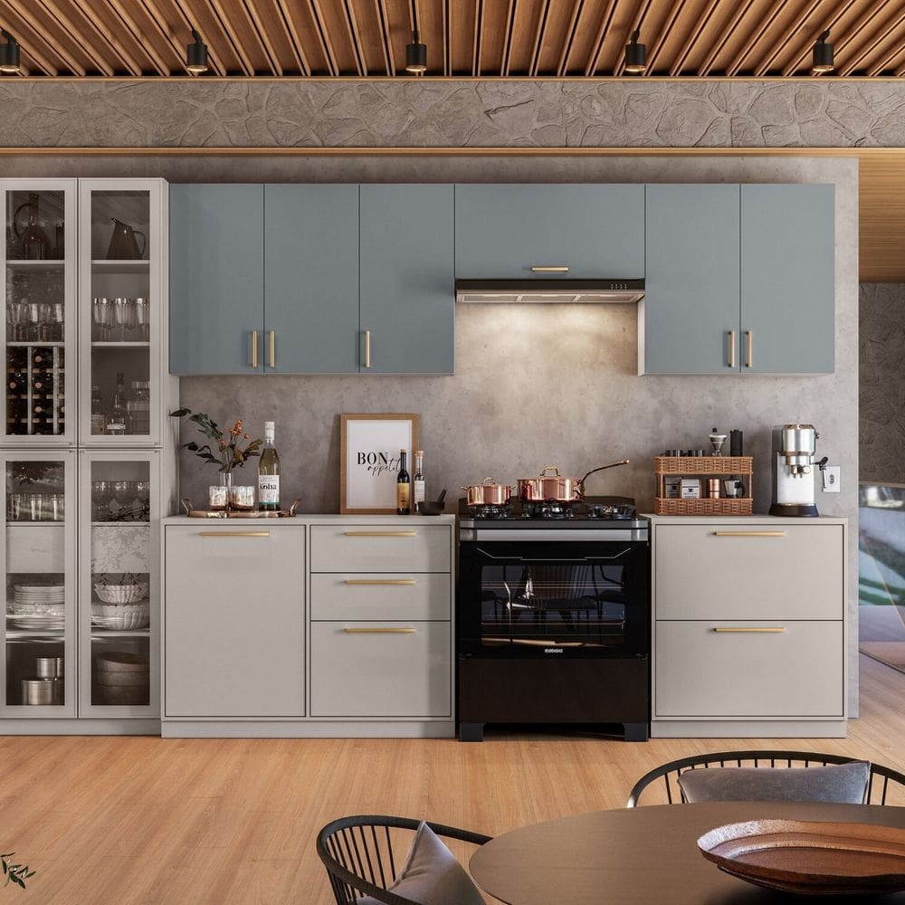 Cozinha Modulada com Cristaleira 6 Peças Essence 100% Mdf Cinza