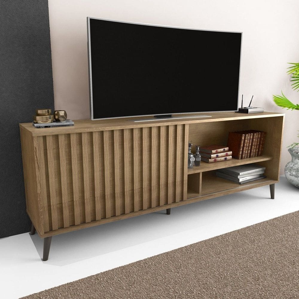 Rack Minimalista Sala para Tv até 50 Polegadas com Porta Deslizante Luara 160x60cm Canela
