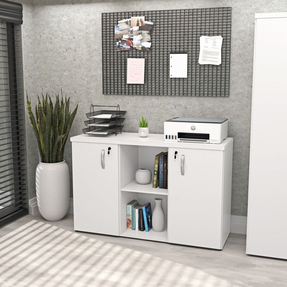 Armário Baixo Credenza com Chave 120cm X 42cm Escritório Branco