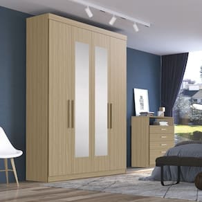 Guarda-roupa Solteiro 4 Portas 2 Gavetas Paris com Espelho Cedro