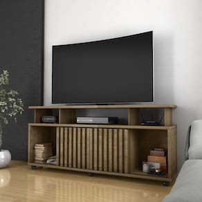 Rack Bancada Sala com Pés de Rodinha e 2 Portas Ripada Dallas 160x72cm Canela