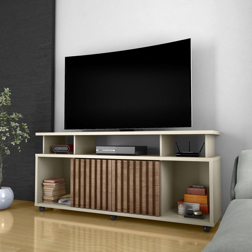 Rack Bancada Sala com Pés de Rodinha e 2 Portas Ripada Dallas 160x72cm Off White/Canela