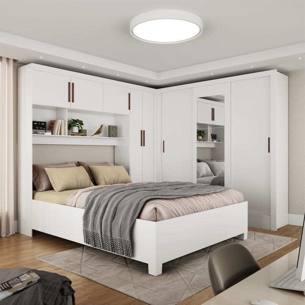 Guarda-roupa Casal Modulado 5 Portas com Cama Santiago 3 Portas com Espelho 5 Gavetas Branco