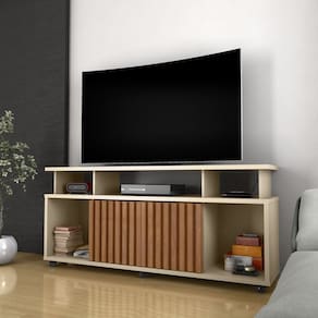 Rack Bancada Sala com Pés de Rodinha e 2 Portas Ripada Dallas 160x72cm Off White/Ipê