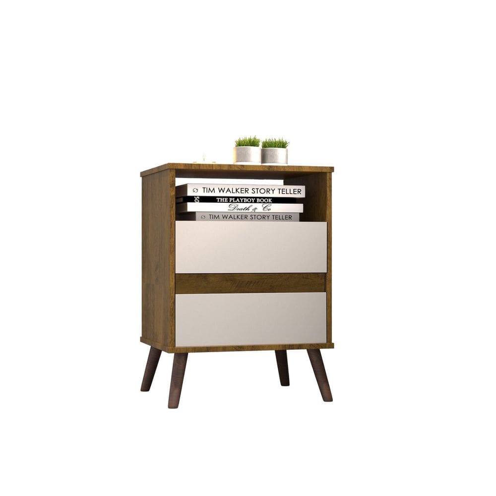 Mesa para Cabeceira com 2 Gaveta e 4 Pés Retrô Paris 67cm X 45cm Canela/Off White