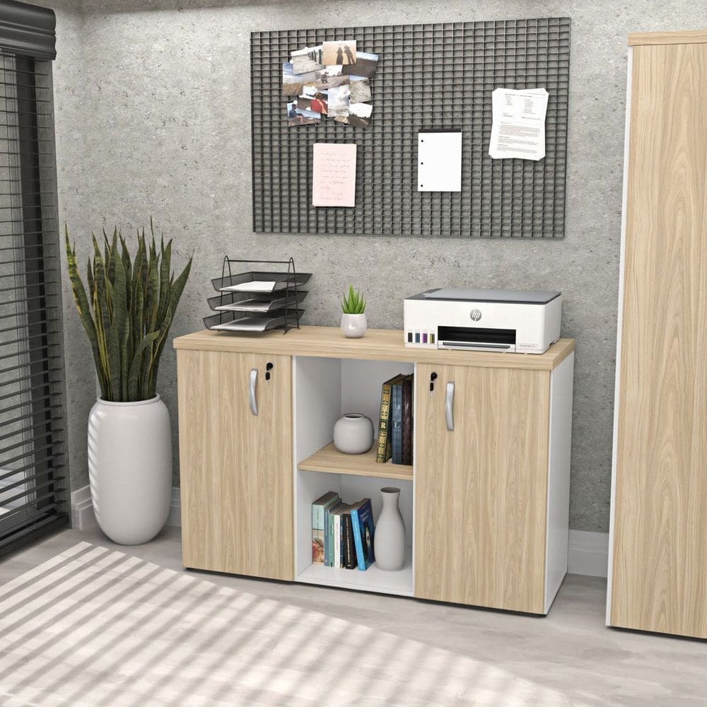 Armário Baixo Credenza com Chave 120x42cm Escritório Carvalho/Branco