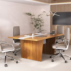 Mesa de Reunião Modular para Escritório 50cm com Caixa de Tomada e Tampo em Tamburato Freijó/Branco