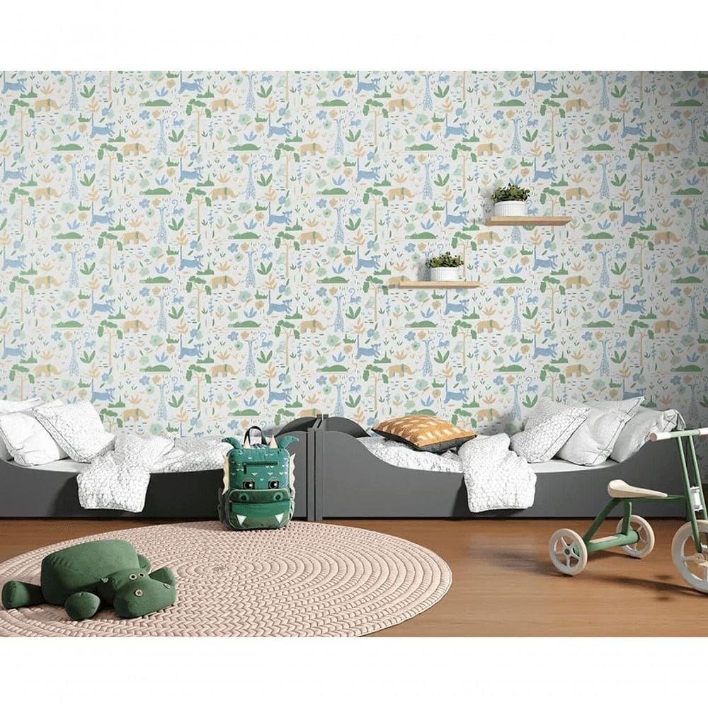 Papel De Parede Sonhos Selva Bege E Azul 4204