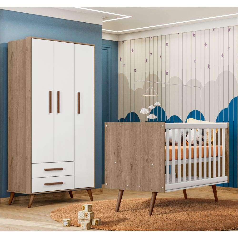 Guarda Roupa 3830 e Berço Mini Cama 3820 Encanto Retrô Carvalho