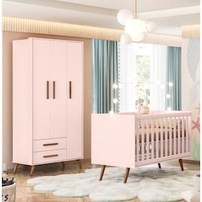 Guarda Roupa 3830 e Berço Mini Cama 3820 Encanto Retrô Rosa