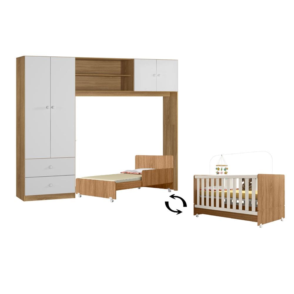 Conjugado Ternura 4 portas 2 Gavetas com Berço Mini Cama Encanto Nature/Branco - Peternella