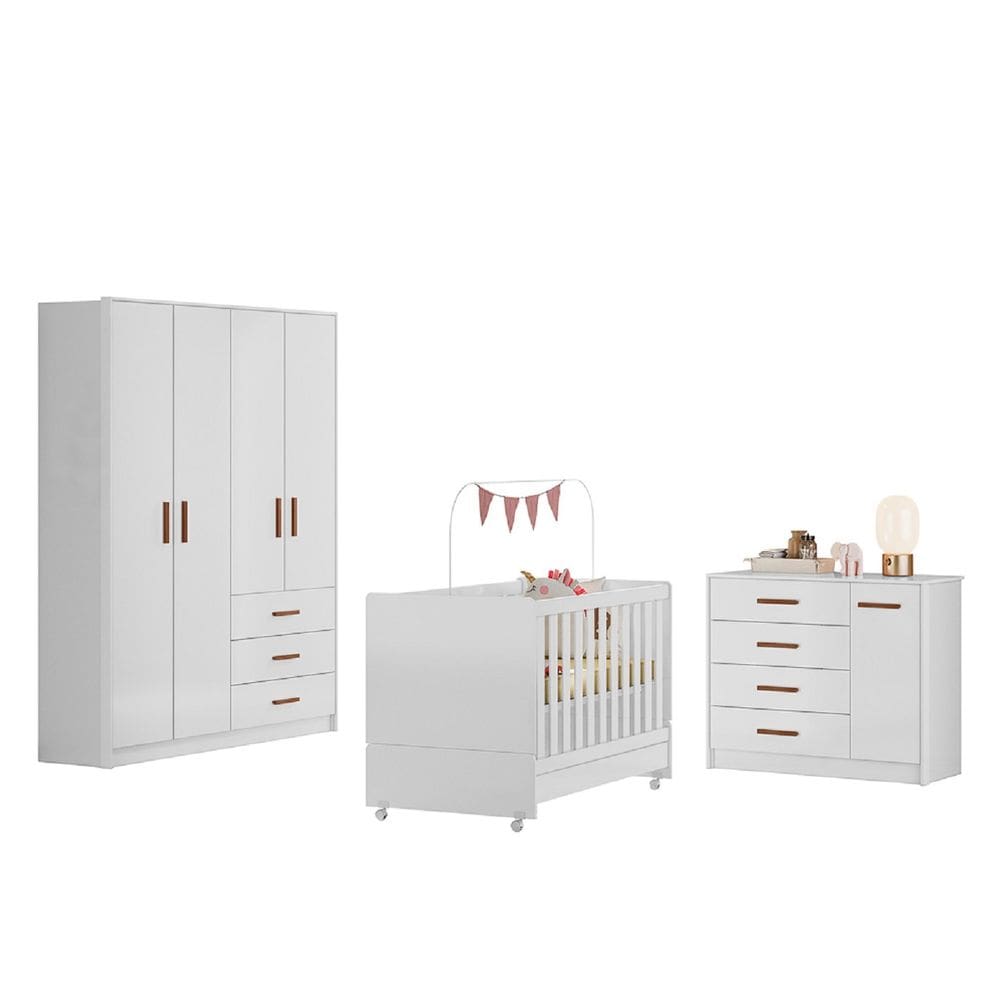Quarto Infantil Completo com Roupeiro, Comoda Pérola e Berço Encanto Branco - Peternella