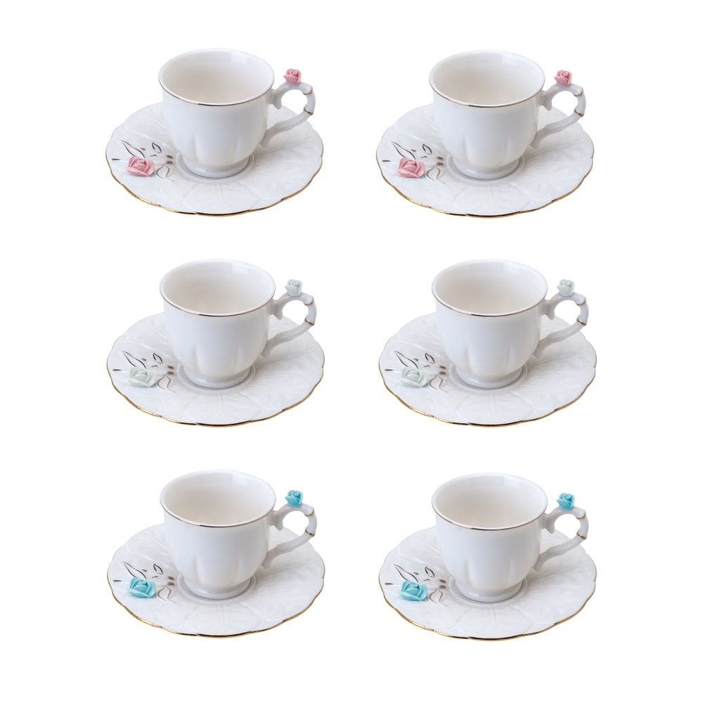 Cj 6 Xícaras P/Café C/Pires de Porcelana Branca Flower Design Plate Colorido 100ml Wolff