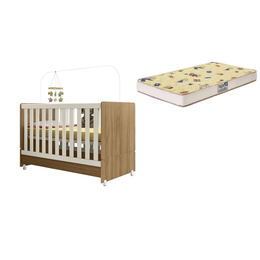 Berço Mini Cama Encanto com Colchão 70x130 e Kit Rodizio Nature/Branco - Peternella