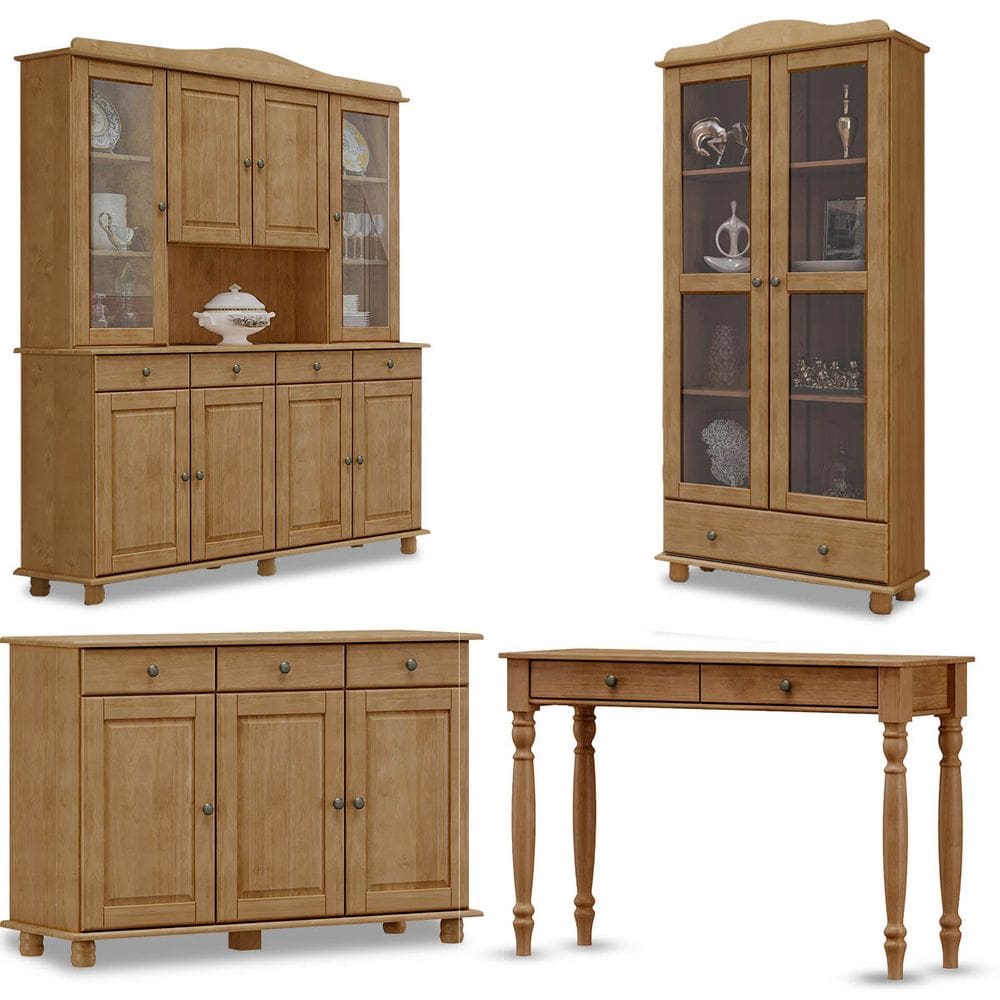 Conjunto: Cristaleira 8 Portas Aparador Balcão 3 Portas e Armário 2 Portas Rubi Freijó Madeira Pinus - Finestra