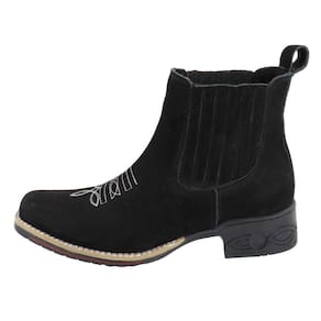 Botina Bota Country Texana Couro Bico Quadrado Bordada Puxador Traseiro Solado Borracha Costurado